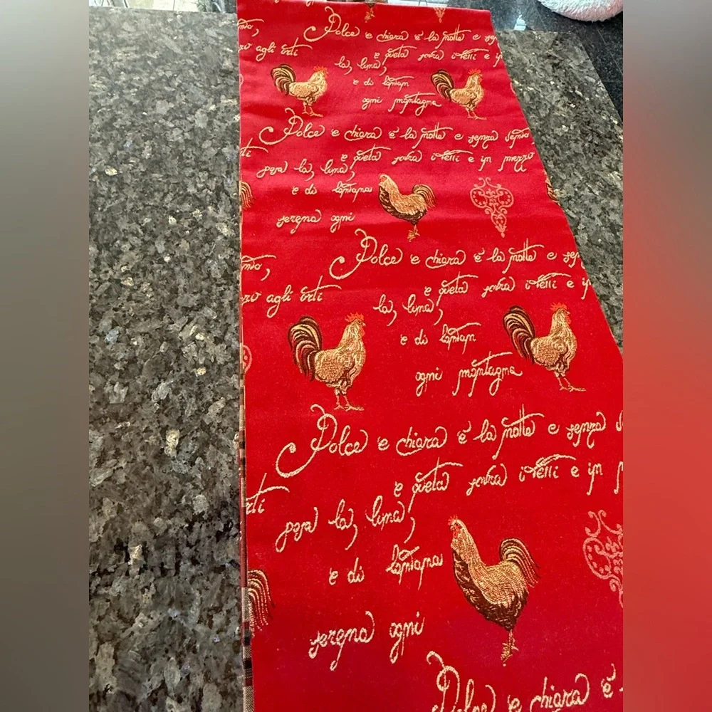 Red jacquard table runner featuring a traditional French rooster design 104x12”